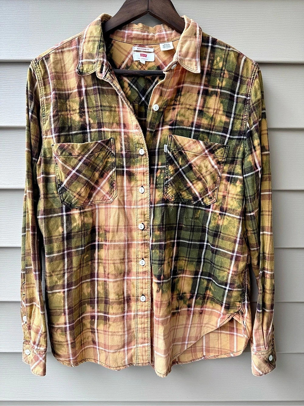 Levi’s Women’s L Custom Bleached Plaid Boyfriend Fit Upcycled Shirt